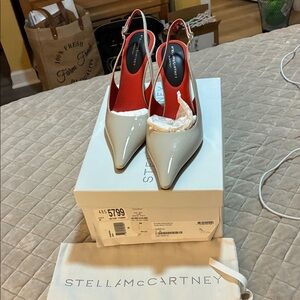 Stella McCartney Glossy White Heels with Red Accents